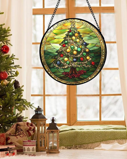 DASTOLL Stained Glass Window Hanging - Green Christmas Tree Gold Ribbon Suncatcher for Doors Home Christmas Decoration Sun Catcher Thanksgiving New Year Birthday Gifts for Women Men Mom Nana 6.3 in