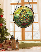DASTOLL Stained Glass Window Hanging - Green Christmas Tree Gold Ribbon Suncatcher for Doors Home Christmas Decoration Sun Catcher Thanksgiving New Year Birthday Gifts for Women Men Mom Nana 7.8 in