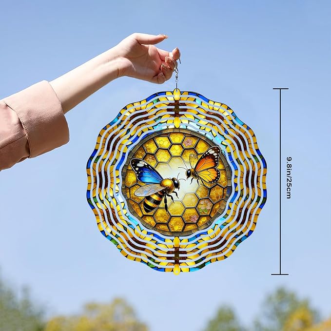 10 Inch Bee Wind Spinner, 3D Stainless Steel Hanging Kinetic Wind Sculpture for Home Garden Yard Art Lawn Balcony Window Porch Outdoor Indoor Decor