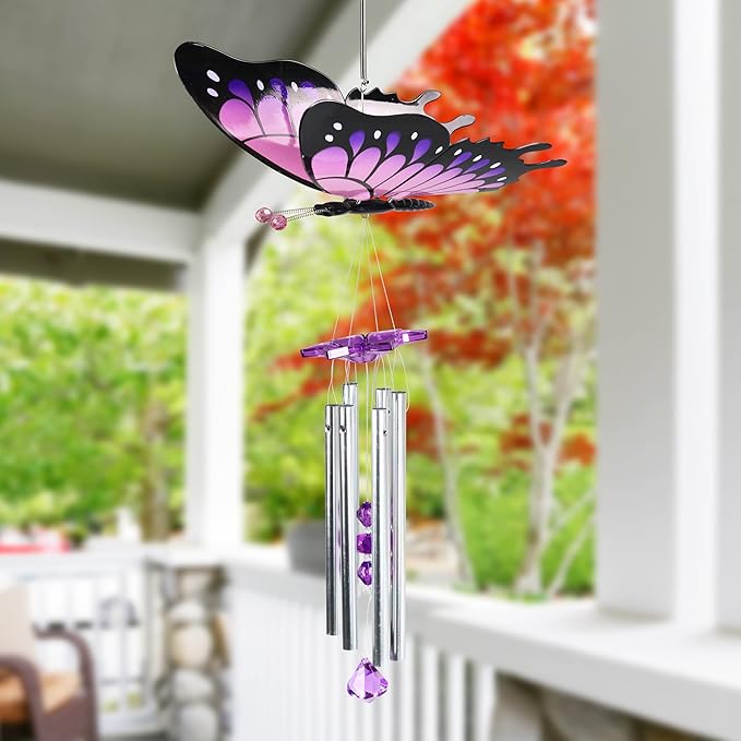 Exhart Wind Chimes, WindyWings Large Purple Butterfly Wind Chime with Fluttering Wings, Outdoor Plastic and Metal Lawn and Yard Decoration, 11 x 9.5 x 24 Inch