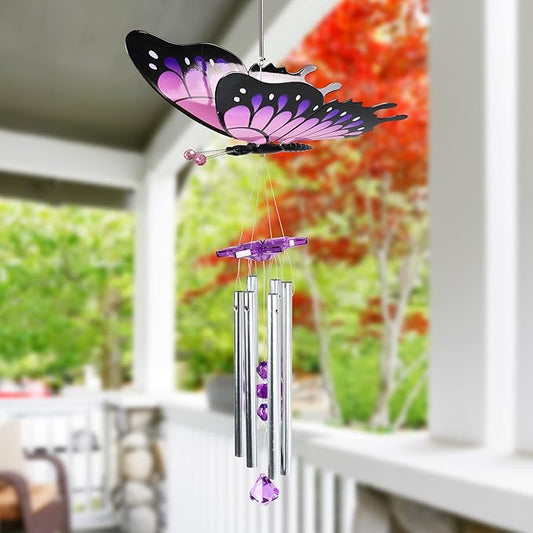 Exhart Wind Chimes, WindyWings Large Purple Butterfly Wind Chime with Fluttering Wings, Outdoor Plastic and Metal Lawn and Yard Decoration, 11 x 9.5 x 24 Inch