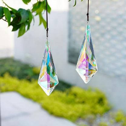 H&D HYALINE & DORA 4.7" AB Coating Crystal Horns Prisms Suncatchers for Windows,Set of 2 Rainbow Maker Hanging Prisms for Wedding Party Christmas Tree Garlands Decoration