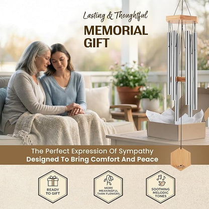 UpBlend Metal Wind Chimes Deep Tone - Outdoor Sympathy & Memorial Gift for The Loss of a Loved One, Memorial Wind Chimes, Thoughtful Sympathy Gift for Bereavement and Remembrance. 29" Silver