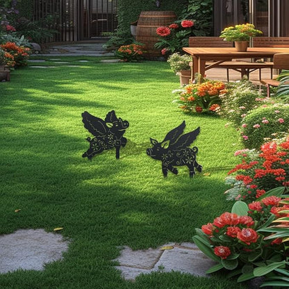 WADORN 2 Styles Flying Pig Metal Decorative Garden Stakes, Funny Pig Flowers Metal Silhouette Statues Animal Garden Ornament Gifts Black Yard Art Decoration for Outdoor Backyard Patio Lawn Walkways