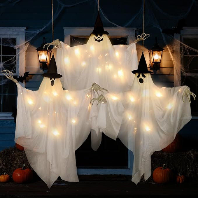 EASY JOY 3PCS Halloween Decorations Outdoor Hanging Ghost Decor with Lights Spooky Halloween Ornaments Ghosts Decorations for Front Porch Yard Tree