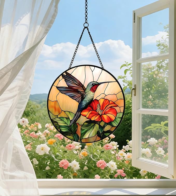 9.8In Hummingbird Stained Glass Window Hanging, Large Stained Glass Suncatcher for Indoor Home Decor, Vibrant Bird & Flower Window Suncatcher Ornament for Garden, Ideal Gift for Women Mom Bird Lovers