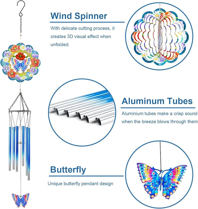 Butterfly Wind Chimes for Outside, 3D Wind Chimes with Wind Spinner, Outdoors Hanging Decor for Garden, Patio and Balcony, Gifts for Men, Women, Mom, Lovers