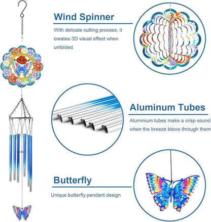 Butterfly Wind Chimes for Outside, 3D Wind Chimes with Wind Spinner, Outdoors Hanging Decor for Garden, Patio and Balcony, Gifts for Men, Women, Mom, Lovers