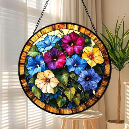 Stained Glass Window Hanging - The Blooming Morning Glory 7.8 Inches Suncatcher for Garden Home Decor for Women Mon Grandma Friends