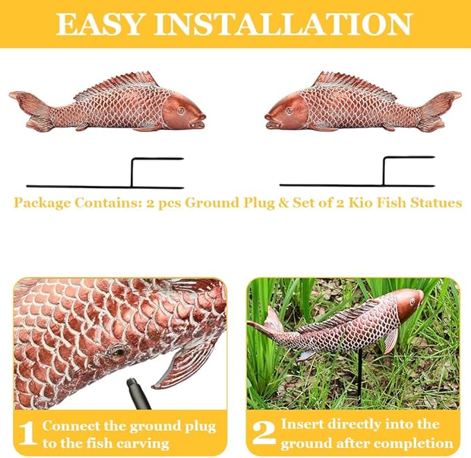 Koi Fish Garden Statues Set of 2, Antique Copper Style Resin Sculptures, Outdoor Garden Statues for Patio Backyard Koi Pond Japanese Garden Decor, Best Gardening Gifts for Women Mom (Copper Red)