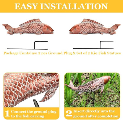 Koi Fish Garden Statues Set of 2, Antique Copper Style Resin Sculptures, Outdoor Garden Statues for Patio Backyard Koi Pond Japanese Garden Decor, Best Gardening Gifts for Women Mom (Copper Red)