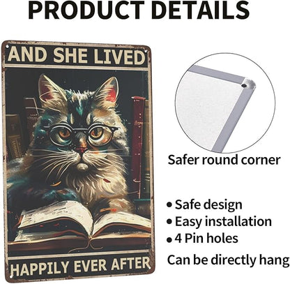 Vintage Metal & Tin Signs for Retro Boho, Hippie & Library Decor with Cat, Glasses & Garden Plaques - Perfect Wall Art for Home Office, Bathroom or Yard - 12x8 Chalkboard Style Prints