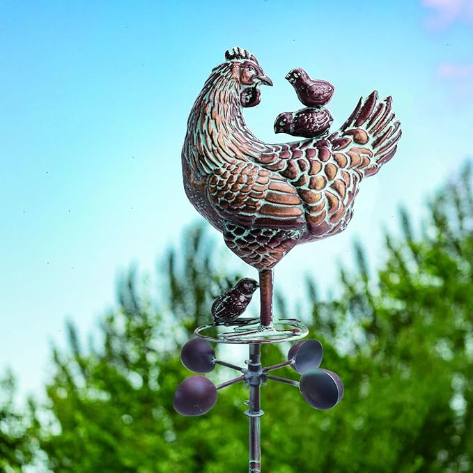 Metal Hen & Chicks Statue Wind Spinner for Yard Garden,79" 3D Large Kinetic Chicken Sculpture Garden Spinner for Outside,Antique Copper Chicken Wind Vane for Outdoor Patio Lawn Backyard Yard Art