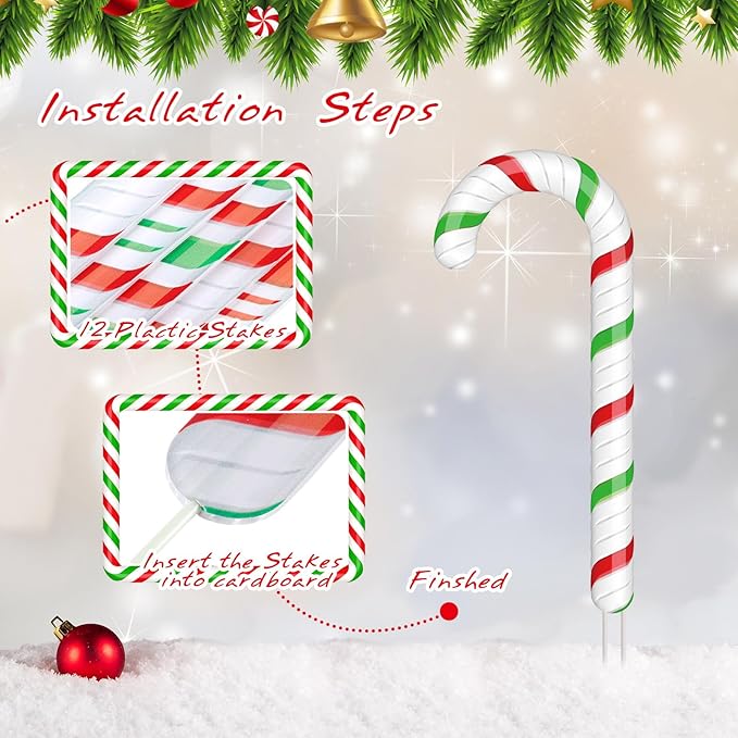 Glenmal 12 Pcs Christmas Candy Cane Yard Decor Outdoor Lawn Garden Yard Sign Red Green White Candy Cane Decoration Christmas Decoration with Stakes for Xmas Holiday Decor