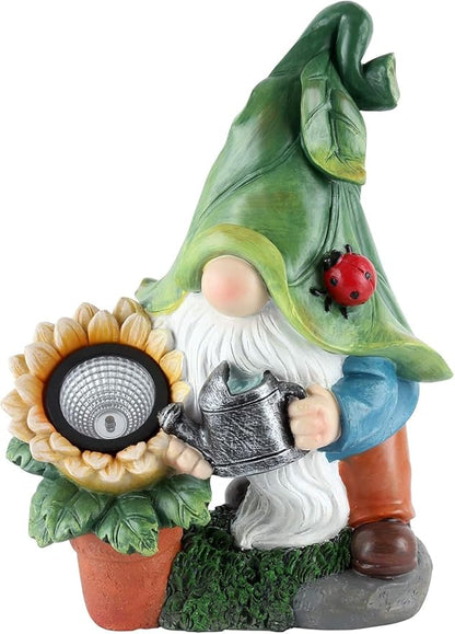 GoGnome Solar-Powered Large Garden Gnome Watering Can Sunflower - 12 in Garden Decor Gnomes Decorations for Yard Lawn Ornaments Outside Statue Figurine LED Lights (Gnome)