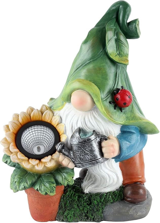 GoGnome Solar-Powered Large Garden Gnome Watering Can Sunflower - 12 in Garden Decor Gnomes Decorations for Yard Lawn Ornaments Outside Statue Figurine LED Lights (Gnome)