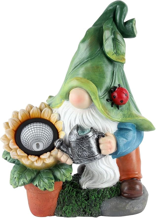 GoGnome Solar-Powered Large Garden Gnome Watering Can Sunflower - 12 in Garden Decor Gnomes Decorations for Yard Lawn Ornaments Outside Statue Figurine LED Lights (Gnome)
