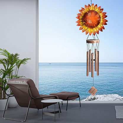 Solar Wind Chimes for Outside, 39.4" Sunflower Wind Chimes Outdoor Solar Lights Waterproof Hanging Garden Decorative Sunflower Lights for Yard Patio Memorial Gift