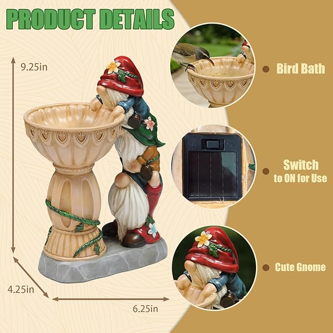 Garden Gnomes Outdoor Gnomes Garden Decorations for Yard Colorful Lights Resin Solar Outdoor Statues with Bird Bath Feeder Outside Lawn Patio Housewarming Gifts 6.25 * 4.25 * 9.25 Inch