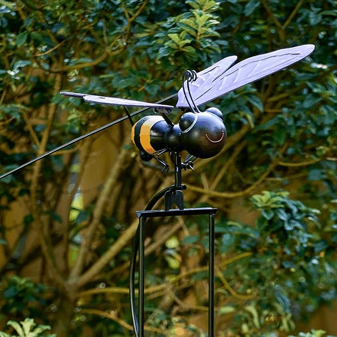 Red Carpet Studios Garden Art Small Bumblebee Balance Rocker Metal Garden Stake Yard Décor, 52.5” Tall, Purple Wings and Butterfly Cutout