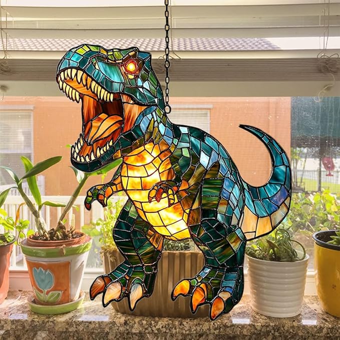 Fierce T-rex Acrylic Suncatcher Stained Glass Effect Window Car Hanging Christmas Ornament Indoor Outdoor Decor Garden Sun Catcher Panel for Dinosaur Lover for Women Mom Grandma