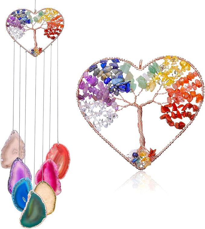 Yoption Heart Wind Chimes with Crystal Tree of Life Agate Slice for Home Wall Decor, 7 Chakra Natural Crystal Windchimes for Home Garden Decorative Ornament, Unique Gift
