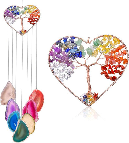 Yoption Heart Wind Chimes with Crystal Tree of Life Agate Slice for Home Wall Decor, 7 Chakra Natural Crystal Windchimes for Home Garden Decorative Ornament, Unique Gift