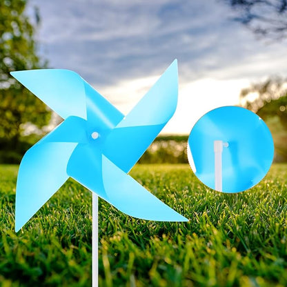 HARFINGTON 50pcs Windmills for The Yard Garden 17" x 11" 4 Leaves Pinwheels Wind Mills Spinners Windproof Waterproof Bird Devices with Stakes for Patio Decor, Light Blue