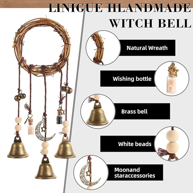 Witch Bells for Door Knob for Protection Hanging Bell Wind Chimes Handmade Decorative Bell for Boho Home Room Witchy Decor（Vintage）