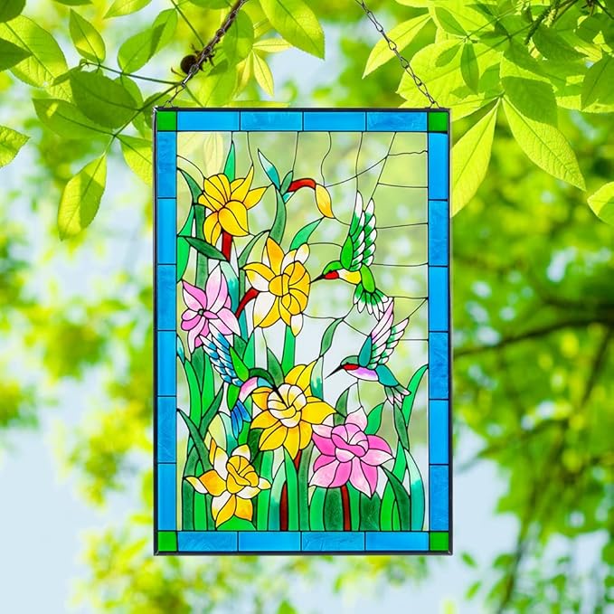 Viveta Hummingbird Stained Glass Window Hanging, Birds and Flowers Suncatcher for Window, Hummingbird Stained Glass Panel Hanging Ornament(Rectangular 10 * 15")