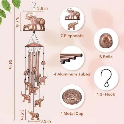 Elephant Wind Chimes Outdoor Elephant Gifts for Women Men Mom Dad Best Birthday Unique Gardening Gifts Metal WindChimes for Outside/Indoors, Lawn, Patio, Home, Yard Decor, Garden Decorations