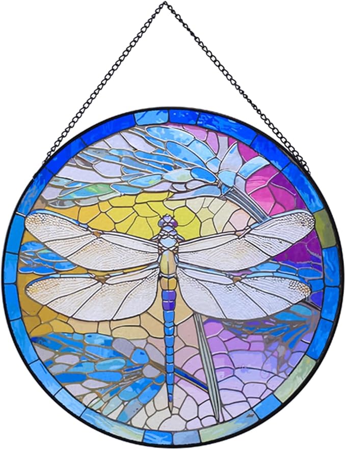 Stained Glass Window Hanging,20cm/7.87inch Dragonfly Hand-Painted Sun Catcher Garden Hangings Christmas Mother's Day, Valentine's Day Ornaments Festival Gift (B Style)
