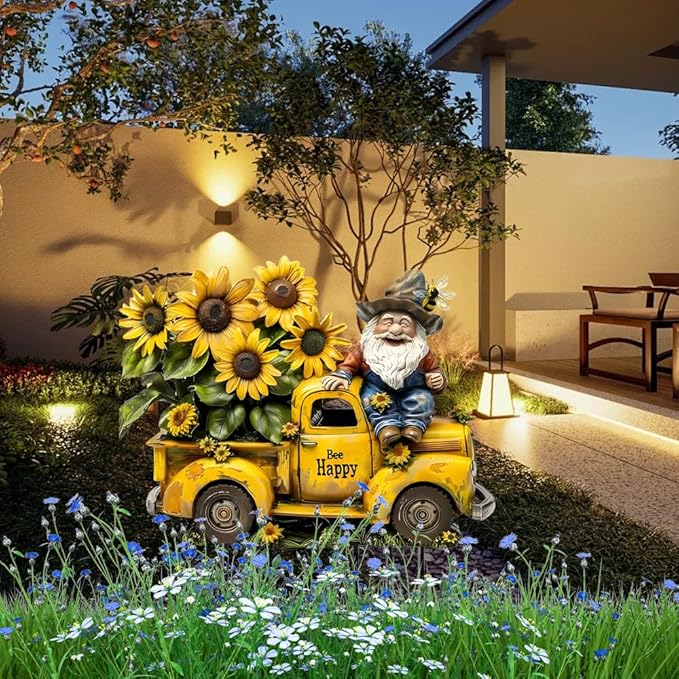 Garden Stake Decor, Acrylic 2D Flat Cute Animal Statue, Fairy Sculptures Ornament Indoor Outdoor Yard Lawn Pot Plant Decorative Accessories (A Truck Filled with Sunflowers)