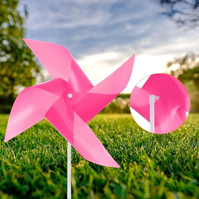 HARFINGTON 50pcs Windmills for The Yard Garden 17" x 11" 4 Leaves Pinwheels Wind Mills Spinners Windproof Waterproof Bird Devices with Stakes for Patio Decor, Pink