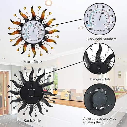 VEWOGARDEN 13.5 Inch Metal Sun Outdoor Thermometer Waterproof Decorative Wall Indoor Outdoor Thermometer for Patio, Garden & Home Decor