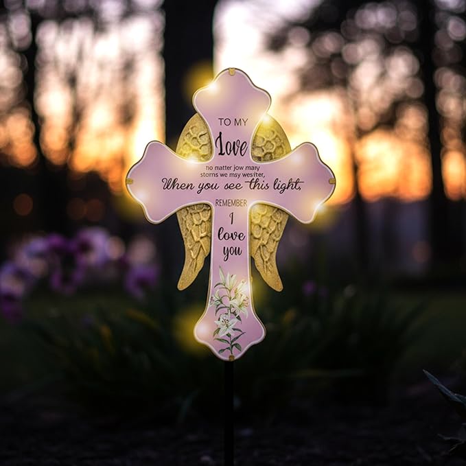 Solar Cross Lights with Angel Wings, Pink and Gold Memorial Grave Decorations, When You See This Light Remember I Love You Sentiment, Cemetery Tombstone Garden Stake with Ground Stake