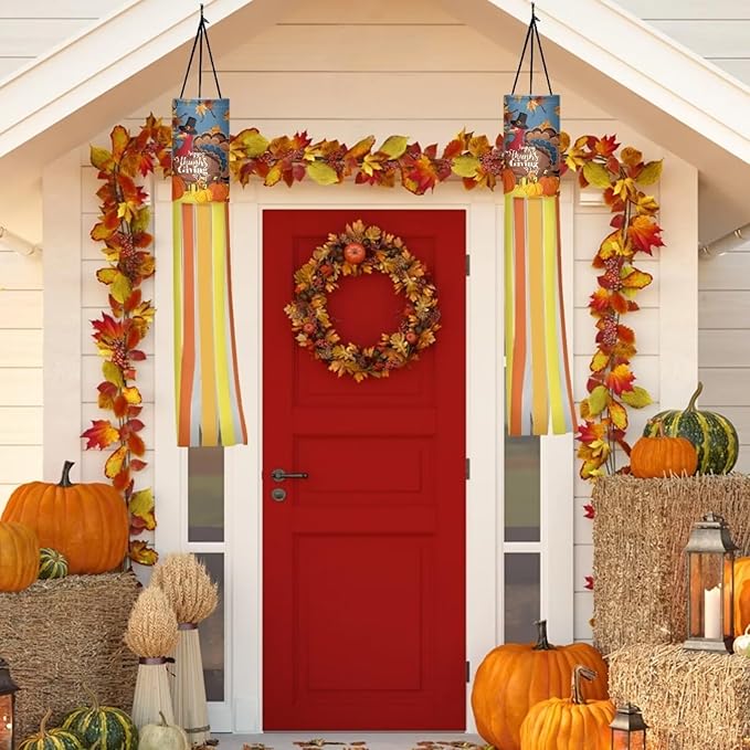 Maple Leaf Turkey Pumpkin Fence Windsocks Print Outdoor Hanging Decorations for Front Yard Patio Lawn Garden Party Autumn Thanksgiving Decor 2 Pieces