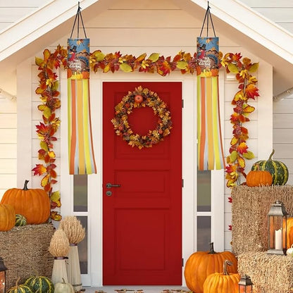 Maple Leaf Turkey Pumpkin Fence Windsocks Print Outdoor Hanging Decorations for Front Yard Patio Lawn Garden Party Autumn Thanksgiving Decor 2 Pieces