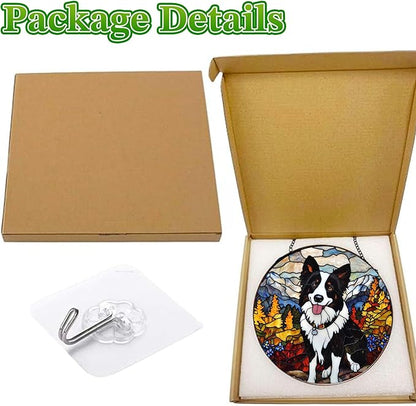 Stained Glass Suncatcher Border Collie in Mountain Meadow Handmade Window Hangings Colored Glass Suncatcher Crafts Kits for Indoor Garden Christmas Home Decor Gift for Pet Lover Memorial 6.3in