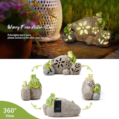 Solar Frogs Garden Statues Frog on Stone Figurine with LED Lights Outdoor Porch Patio Lawn Yard Art Home Decoration Christmas Birthday Housewarming Gifts for Mom Women