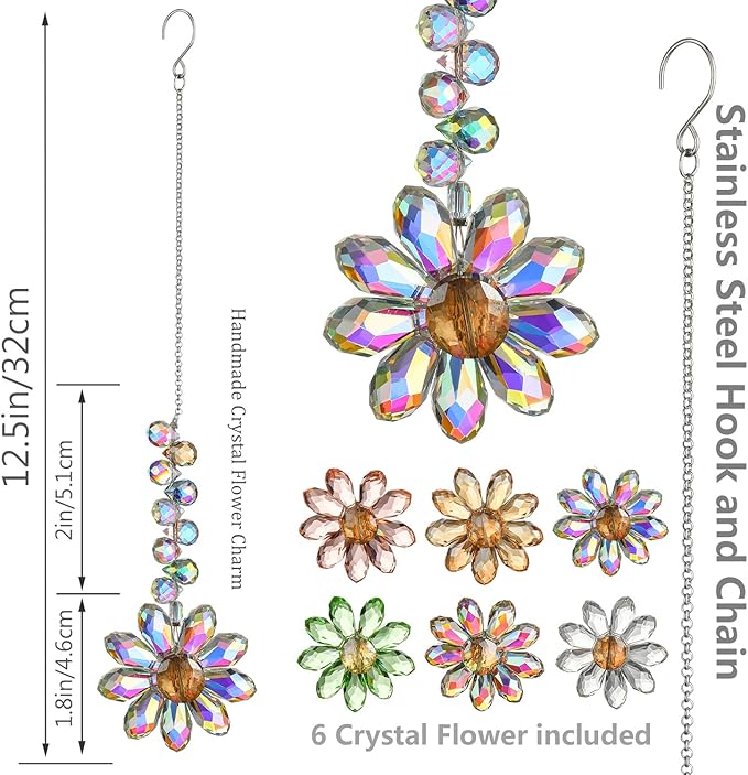 HDCRYSTALGIFTS 6PCS 12.5'' Crystal Sunflower Suncatchers for Window Hanging, Window Sun Catchers Crystals Rainbow Maker Light Catcher Indoor Outdoor Garden Decor Glass Ornaments for Christmas Tree