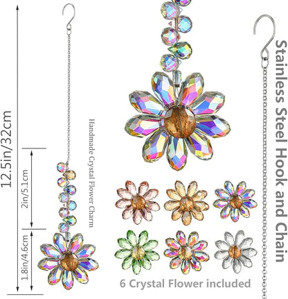 HDCRYSTALGIFTS 6PCS 12.5'' Crystal Sunflower Suncatchers for Window Hanging, Window Sun Catchers Crystals Rainbow Maker Light Catcher Indoor Outdoor Garden Decor Glass Ornaments for Christmas Tree