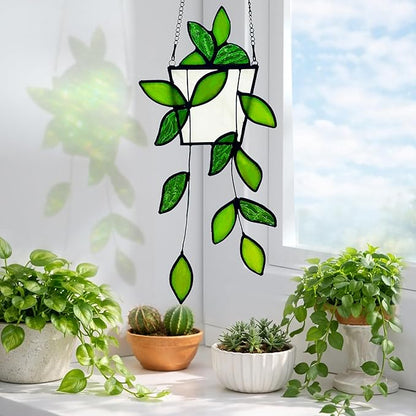 Plant Stained Glass,Stained Glass Window Hanging,Real Handmade Suncatcher,Artificial Green Plants Decor for Women Mom Grandma Plant Lovers,Sun Catcher for Home Windows