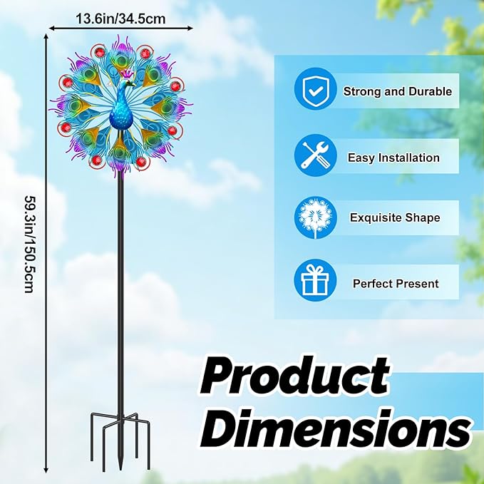 Metal Wind Spinners Outdoor for Garden Yard, 59" Kinetic Large Peacock Wind Spinner & Sculptures with Stable Metal Stake, Garden Windmill for Yard Lawn Patio Art Decor (Colorful)