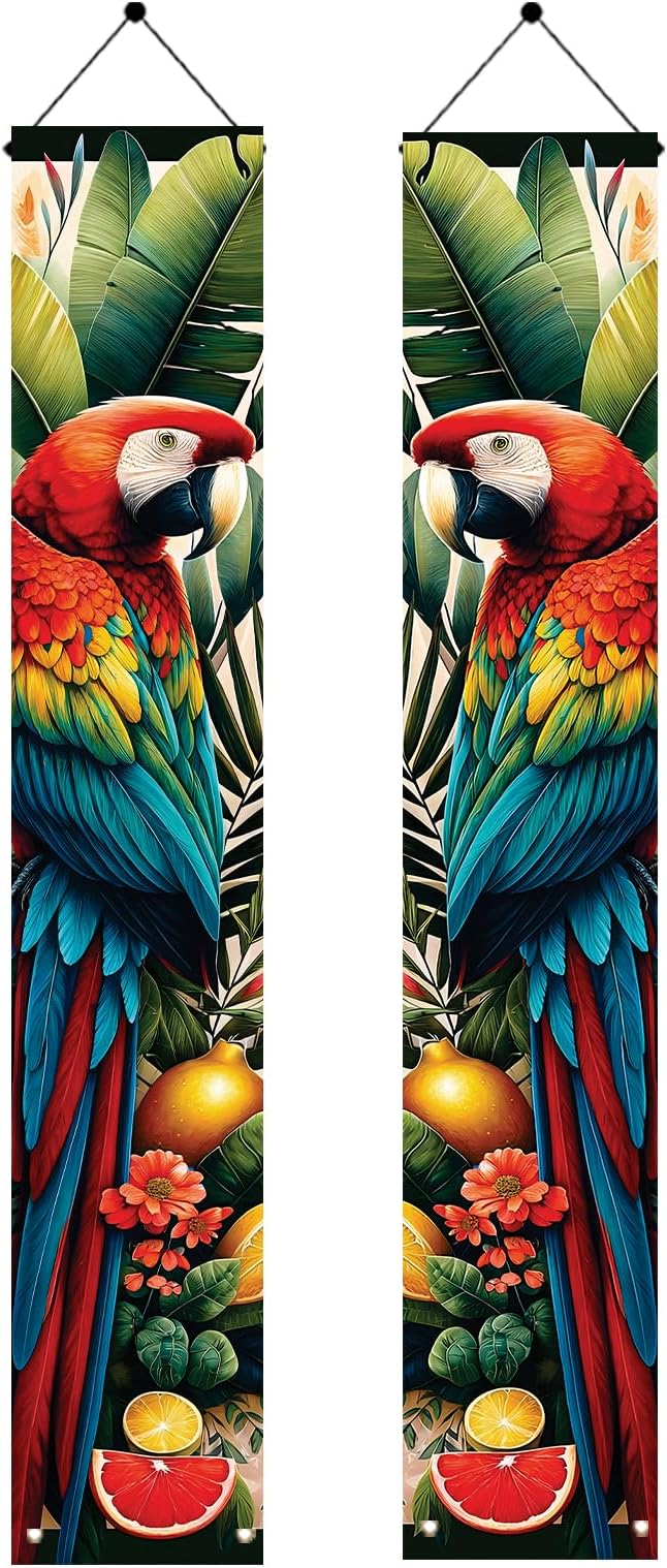 Summer Luau Tropical Parrot Porch Banners 71x12 Inch Party Decorations Colorful Macaw Hanging Door Signs Jungle Leaves Outdoor Patio Welcome Banner for Home Decor