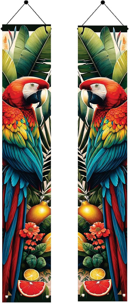 Summer Luau Tropical Parrot Porch Banners 71x12 Inch Party Decorations Colorful Macaw Hanging Door Signs Jungle Leaves Outdoor Patio Welcome Banner for Home Decor