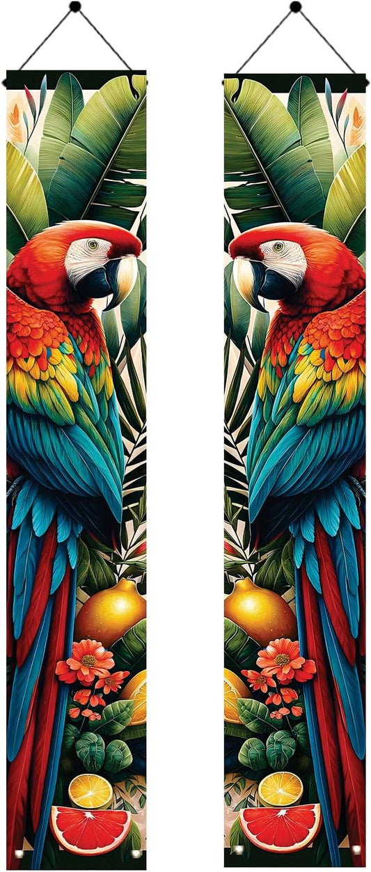 Summer Luau Tropical Parrot Porch Banners 71x12 Inch Party Decorations Colorful Macaw Hanging Door Signs Jungle Leaves Outdoor Patio Welcome Banner for Home Decor