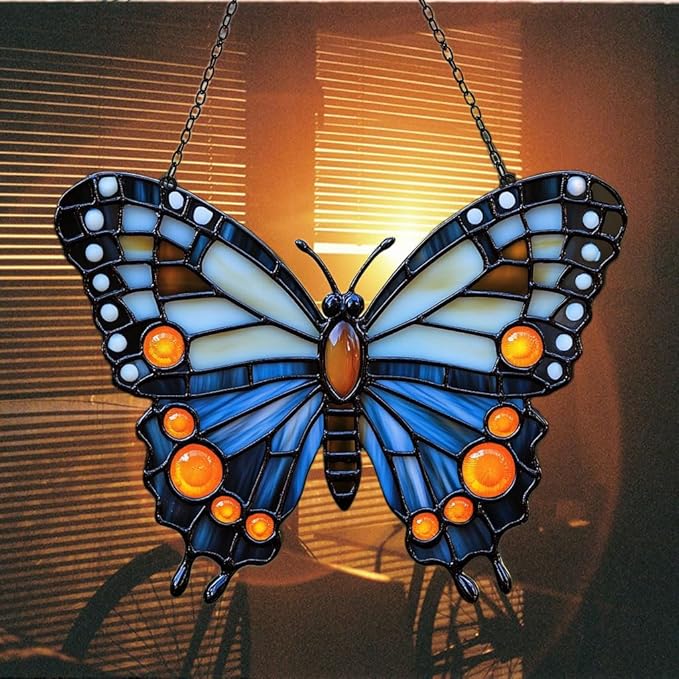 Night Monarch Butterfly Acrylic Suncatcher Stained Glass Effect Window Car Hanging Christmas Ornament Indoor Outdoor Decor Garden Sun Catcher Panel for Butterfly Lover for Women Mom Grandma