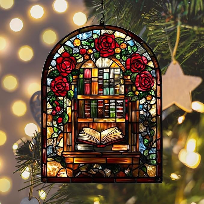 Floral Library Bookshelf Acrylic Suncatcher Stained Glass Effect Window Car Hanging Christmas Ornament Indoor Outdoor Decor Garden Sun Catcher Panel for Book Lover for Women Mom Grandma