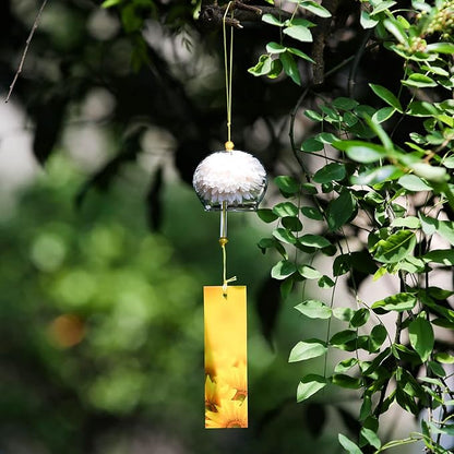 Japanese Wind Chime Glass Outdoor Ornament for Garden, Patio & Balcony, Hanging Wind-Bell Decoration Gift, Blessing Pendant Windchimes & PVC Wind-Catcher, Yellow Flower